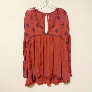 Free People Size L Rust Orange Diamond Embroidered Tunic Boho V-neck